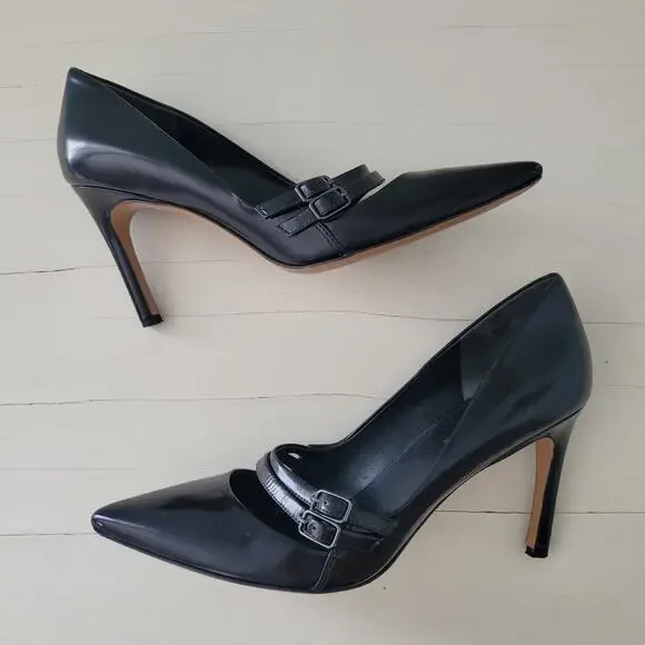 Via Spiga Black Patent Leather Stiletto Heels Double Buckle Pumps 9.5 - Picture 10 of 14